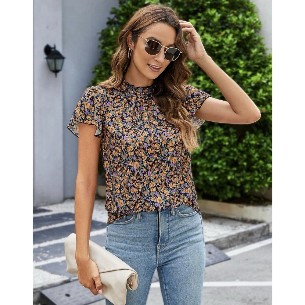 NWT Simple Fun Floral Ruffle Flutter Sleeve Blouse Black Multicolor Size Small S
